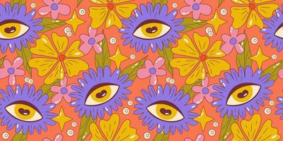 trippy maravilloso flor sin costura modelo. retro maravilloso floral modelo con seta y nube. psicodélico dibujos animados diseño. verano sin costura antecedentes. vector ilustración