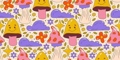 Trippy groovy flower seamless pattern. Retro groovy floral pattern with mushroom and cloud. Psychedelic cartoon design. Summer seamless background. Vector illustration
