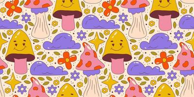 Trippy groovy flower seamless pattern. Retro groovy floral pattern with mushroom and cloud. Psychedelic cartoon design. Summer seamless background. Vector illustration