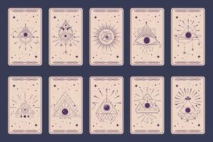 Tarot card set with mystic eye pyramid isolated. Boho esoteric tarot card with eye and star. Vector illustration. Sacred geometry celestial triangle
