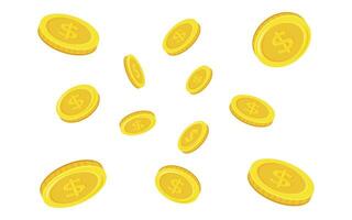 Dollar coins. Falling coins, falling money, flying gold coins, golden rain. vector