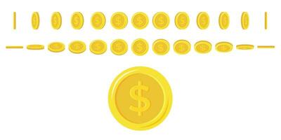 Dollar coins rotating. Set of rotation gold coins at different angles for animation. Flat vector illustration.