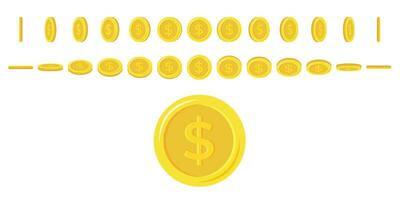 Dollar coins rotating. Set of rotation gold coins at different angles for animation. Flat vector illustration.