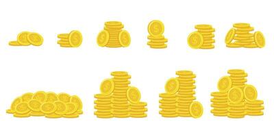 Dollar coins. Stack of gold coins. Golden coin pile, money stacks and golds piles isolated vector set