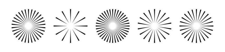 Starburst stripe round set. Ray lines emanate from the center of the circle. Pack of geometric elements. Isolated vector illustration on white background.