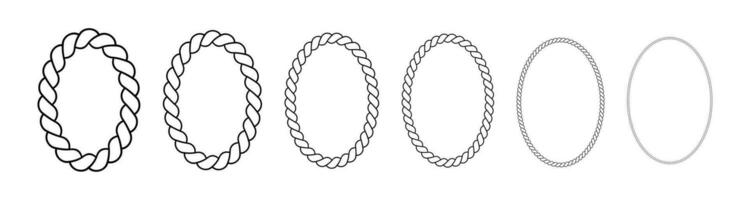 Oval frames made of rope. Ellipse borders made of braided cord. Vector set of thin and thick elements isolated on a white background.