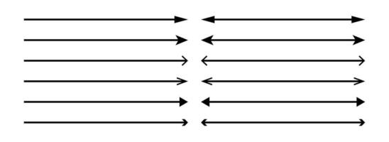 Long thin straight arrows. A set of one-way and two-way directional signs for navigation. Collection of isolated vector elements on a white background in flat style.