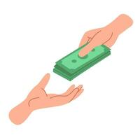 poniendo dinero desde mano a mano. donar, prestar, pedir prestado dinero. poniendo dinero desde mano a mano. donar, prestar, pedir prestado dinero. concepto de financiero literatura. ilustración aislado en blanco antecedentes. vector