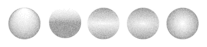 Gradient noise circles made of grains. Halftone round pattern of dotted elements with gradation from dark to light. Vector isolated illustration on white background.