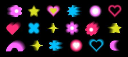 Y2k blurred gradient elements. Flowers, hearts and geometric trendy shapes. Vector bright forms on a black background.