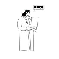 ilustración de un médico haciendo un presentación, monocromo línea estilo vector