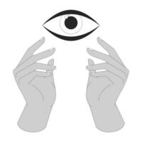 All seeing eye hands black and white 2D line cartoon image. Spiritual guidance. Mystical symbols isolated vector outline abstract concept. Eye of providence monochromatic flat spot illustration