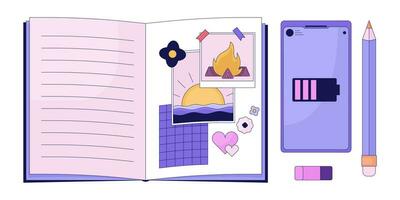 Teen girl notebook smartphone 2D linear cartoon objects set. Planner with pen, mobile phone isolated line vector elements white background. Diary girlish color flat spot illustrations collection