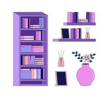 Booklover cozy furniture 2D linear cartoon objects set. Accessories diffuser, bookshelves isolated line vector elements white background. Bookcase interior color flat spot illustrations collection