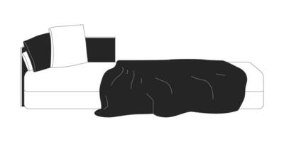 sucio cama negro y blanco 2d línea dibujos animados objeto. sin hacer cama almohadas, estropeado arrugado cobija aislado vector contorno artículo. pacífico tarde dormitorio mueble monocromo plano Mancha ilustración