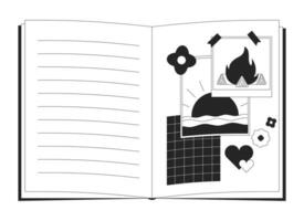 90s teenager secret diary black and white 2D line cartoon object. Memories summer girlish notebook isolated vector outline item. Hiking campfire, meet sunrise monochromatic flat spot illustration