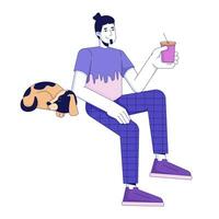 Sleeping dog and happy guy chilling with drink 2D linear cartoon character. Relaxed adult man drinking cocktail isolated line vector person white background. Rest with pet color flat spot illustration