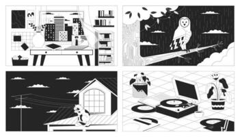 Relaxing atmospheric black and white lofi wallpapers set. Cozy study space, rainy night owl 2D outline cartoon flat illustrations collection. Cat licking, vinyl player vector line lo fi backgrounds
