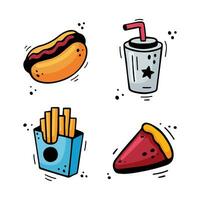 Fast food icons set - Hot Dog, French fries, paper cup with drink, pie, cake, tart. Hand drawn fast food combo. Comic doodle sketch style. Colorful snacks drawn with felt tip pen. Vector illustration