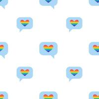 Seamless Pattern with Love message with heart in LGBT flag colors. Rainbow color mail, message, sms icon. Texture with LGBT stickers in doodle style. LGBTQ, LGBT pride community Symbol. vector