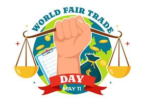 World Fair Trade Day Vector Illustration on 11 May with Gold Coins, Scales and Hammer for Climate Justice and Planet Economic in Flat Background