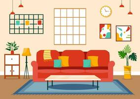 hogar decoración vector ilustración con vivo habitación interior y mueble tal como cómodo sofá, ventana, silla, casa plantas y accesorios