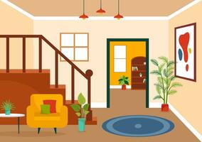 hogar decoración vector ilustración con vivo habitación interior y mueble tal como cómodo sofá, ventana, silla, casa plantas y accesorios