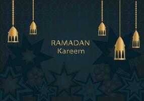 Ramadan Kareem Islamic Banner Template. Eid Mubarak Muslim poster design vector with a lantern, moon, and star in luxury background. Ramadan vector design element.