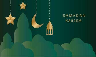 Ramadan Kareem Islamic Banner Template. Eid Mubarak Muslim poster design vector with a lantern, moon, and star in luxury background. Ramadan vector design element.