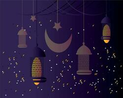 Ramadán kareem islámico bandera modelo. eid Mubarak musulmán póster diseño vector con un linterna, luna, y estrella en lujo antecedentes. Ramadán vector diseño elemento.