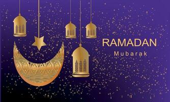 Ramadan Kareem Islamic Banner Template. Eid Mubarak Muslim poster design vector with a lantern, moon, and star in luxury background. Ramadan vector design element.