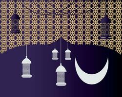 Ramadán kareem islámico bandera modelo. eid Mubarak musulmán póster diseño vector con un linterna, luna, y estrella en lujo antecedentes. Ramadán vector diseño elemento.