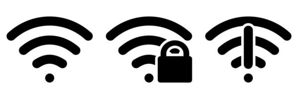 Set of three symbols of Wi-Fi. Normal signal, secure network and offline. Vector icons.