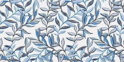 Vector hand drawn abstract, modern blue leaves branches seamless pattern. Creative leaf foliage tapestry background. Stylized tropical botanical print. Template for textile, fashion, fabric, wallpaper