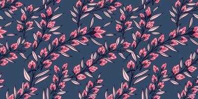 Creative stylized branches leaves with buds flowers intertwined in a seamless pattern. Vector hand drawn. Abstract art floral print on a dark background. Design for fashion, fabric, wallpaper.