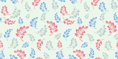 Seamless creative vibrant tiny branches leaves, drops, pattern. Vector hand drawn sketch. Abstract stylized colorful simple floral print. Cute leaf stems on a light background.