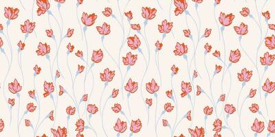 Pastel seamless simple creative branches flowers intertwined in a pattern. Abstract cute ditsy floral printing on a light background. Vector hand drawn sketch. Design for fashion, textile, fabric