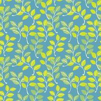 Simple abstract  green cute branches leaves intertwined in a seamless pattern on a blue background. Vector hand drawn sketch doodle leaf stems print. Template for design, fabric, fashion, wallpaper