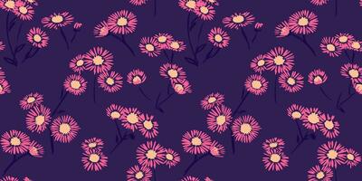 Seamless pattern artistic abstract shape chamomiles flowers on a dark purple background. Simple pink daisy ditsy branches floral print. Vector hand drawn sketch. Design for fashion, fabric, textile.