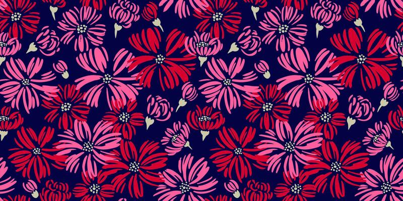 Seamless abstract daisy flowers and buds pattern on a dark background. Vector hand drawn sketch.  Blooming red pink field texture background with brush floral. Design for textile, fashion, fabric