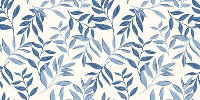 Vector hand drawn blue leaves stem intertwined in a seamless pattern. Abstract, creative, tropical shape leaf branches print. Template for design, textile, fashion, surface design, fabric, wallpaper