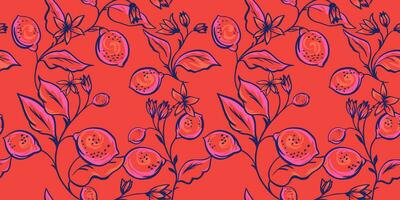 Abstract creative shape branches leaves with lemon, flowers seamless pattern. Vector hand drawn sketch brush floral. Simple summer leaf stems on a red background.  Design for fabric, fashion