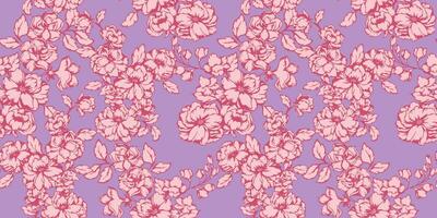 Vector hand drawn blooming branches flowers intertwined in a seamless pattern. Abstract, artistic simple floral purple print. Template for design, textile, fashion, print, surface design, wallpaper
