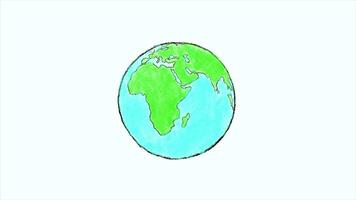 planeet aarde spinnen naadloos lus animatie. eindeloos 2d tekening animatie van groen en blauw wereld wereldbol Aan wit achtergrond. video