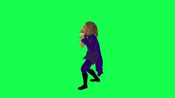 3D animated lion in purple dress rapping from right angle isolated on green video