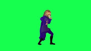 3D animated lion in purple dress rapping from left angle isolated on green video