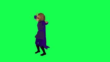 3d lion king in purple dress dancing salsa isolated on green screen from right video