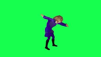 3D cartoon lion in purple dress dancing and cheering the team from left angle on video