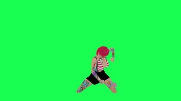 3d fully tattooed woman with red hair and short skirt fighting and punching video