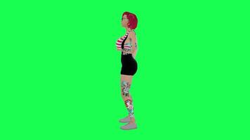 3d completamente tatuado mujer con rojo pelo y corto falda Bebiendo alcohol y video